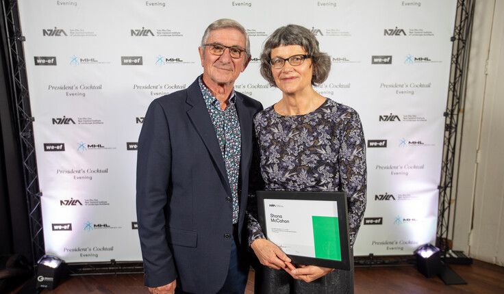 New NZILA Fellow Shona McCahon with Frank Boffa