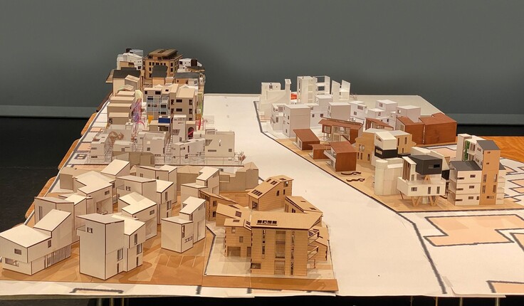 Re-imagining Mass Housing 1:50 student models were exhibited together as a collective vision.