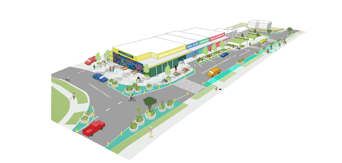 ‘Fantame Street was the right place for Porirua’s first go at using the
new tactical urbanism process, due to having lower traffic volumes,
a small neighbourhood centre with few intersections, and a strong
neighbourhood culture anchored by Russell School and Pukerau
Kōhanga.’