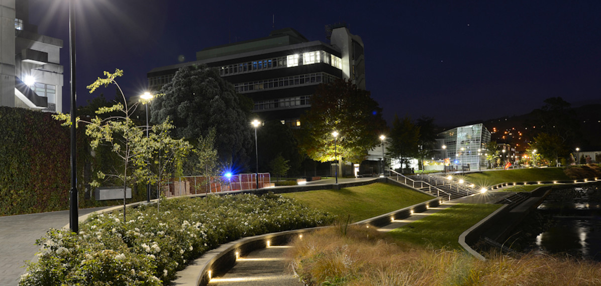 Water of the Leith - The ORC flood widening works removed the old high concrete wall adjacent to the river to create a natural amphitheatre across the river from Registry.