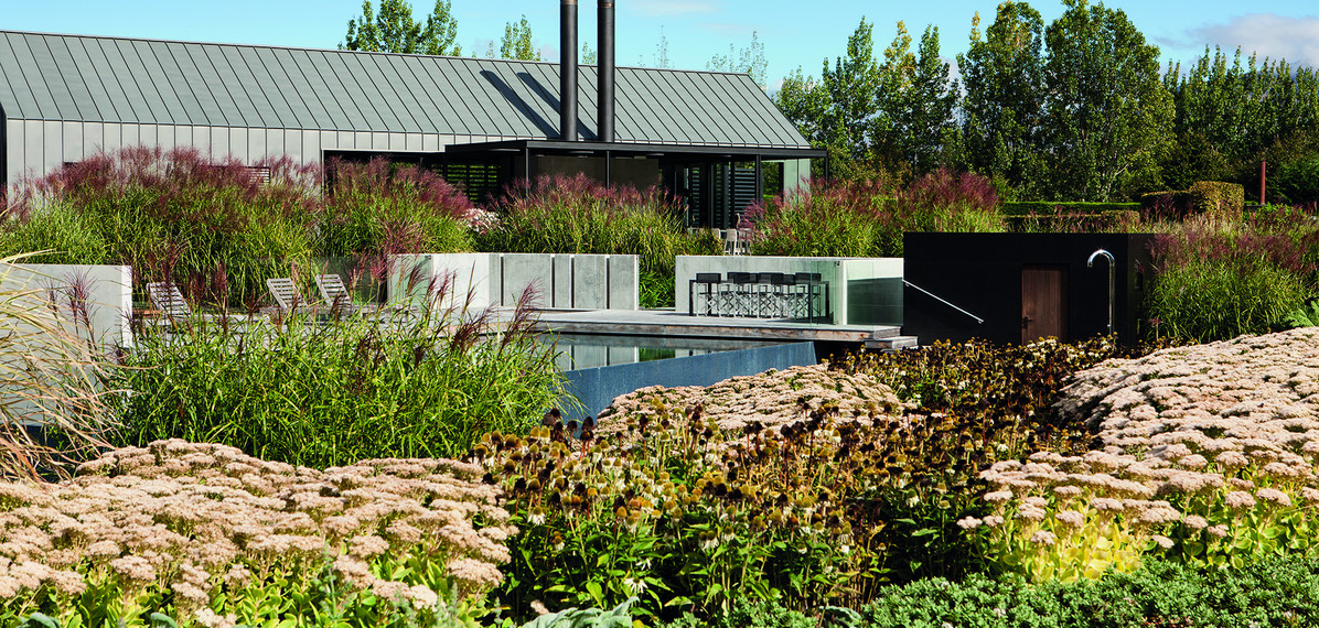 The swimming pool is nestled in the garden on the northern side of the house.