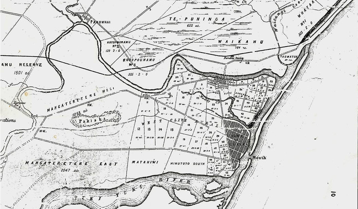 Map: Ngaruroro Map pre-major flood of 1867.  The site is located where the Waitangi Creek flows from the north to meet the estuary.