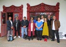 Hui 2016 at Tānenuiarangi Wharenui, Waipapa Marae, University of Auckland to identify potential scenarios for the video resources.
Left to right: Thomas De Thierry (Oruawhenua Kaipara, CEO of Te Hana Te Ao Marama, part of Ngāti Whātua), Dr. Vincent Malcolm-Buchanan, (Researcher), Tame Te Rangi, (Ngāpuhi and Ngāti Whātua Tūhoronuku Group Representative), Dr. Diane Menzies (NZILA), Asena Tolungamaka, Lena Henry and Professor Andrew Barrie, (UoA School of Architecture and Planning),  Dr. Biddy Livesey (Researcher), Neil Challenger (NZILA), Dr. Kepa Morgan (UoA Assoc. Professor Engineering).