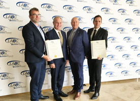 Representatives from Well-Connected Alliance, Boffa Miskell and Warren and Mahoney at the LABC Architecture Awards ceremony. L-R : Peter Whiting (Boffa Miskell), Graham Darlow, & Peter Spies (Well-Connected Alliance), Tom Locke (Warren & Mahoney)