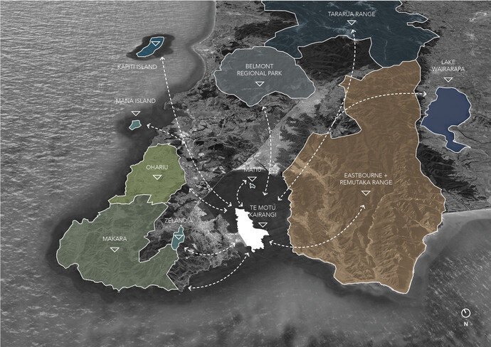 Map showing the strategic location of Miramar (Motu Kairangi) in Wellington's ecological network