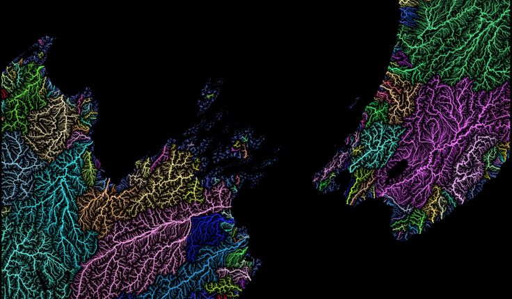 Catchments in the top of the South Island, bottom of the North Island. Source data: MfE Data Service (data.mfe.govt.nz) and LINZ Data Service (data.linz.govt.nz). Analysis and visualisation: Toitū Te Whenua Land Information New Zealand.