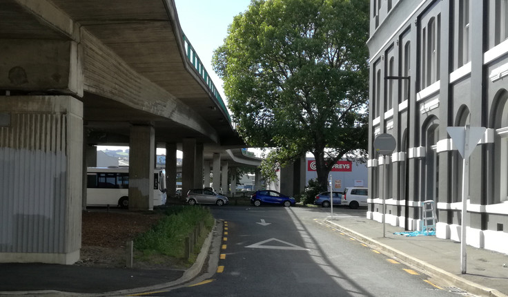 BEFORE: Jetty Street in its previous form, looking east from Vogel Street