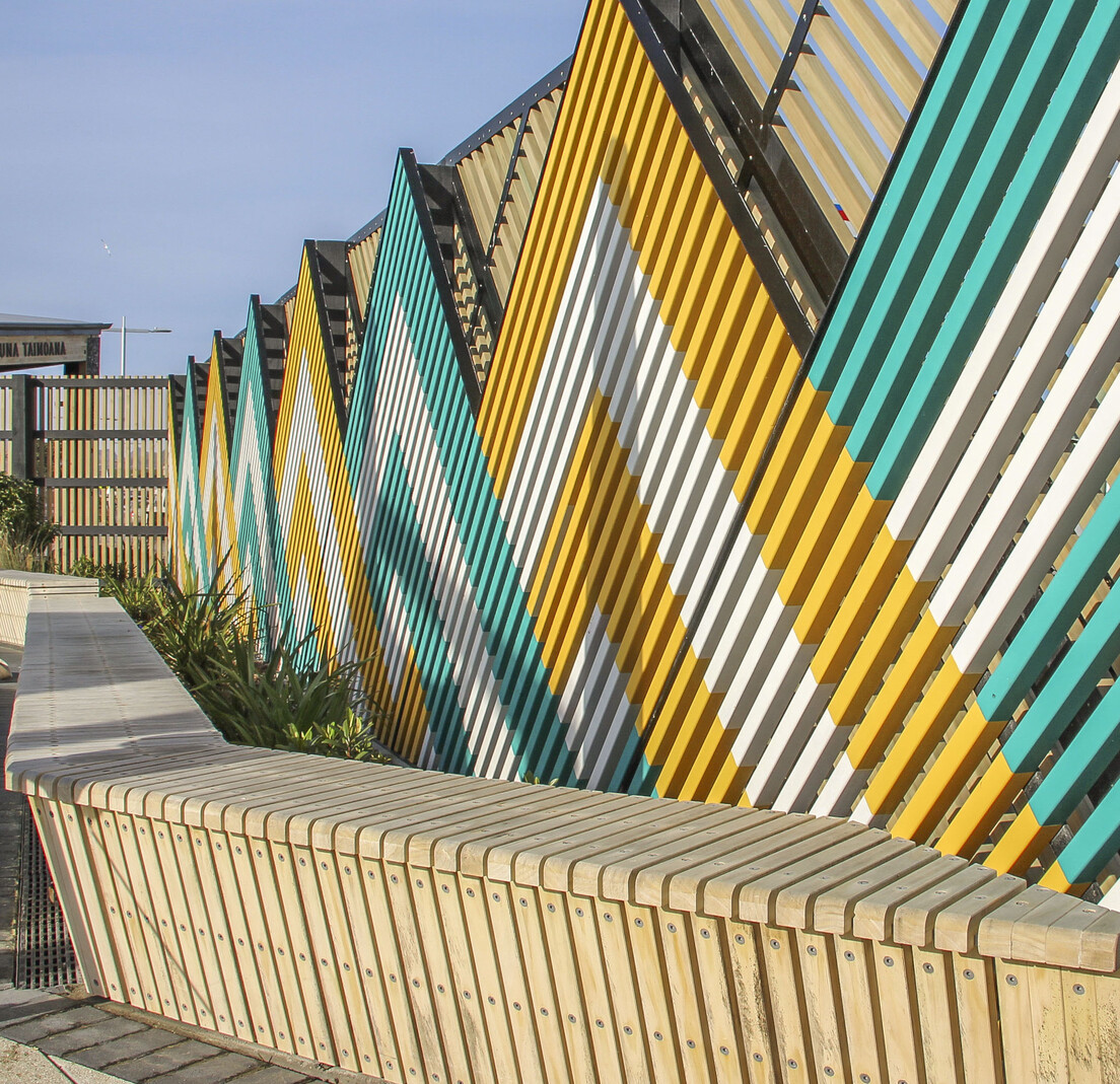 Woven tukutuku inspired fence design. Timber with steel supports and framing.