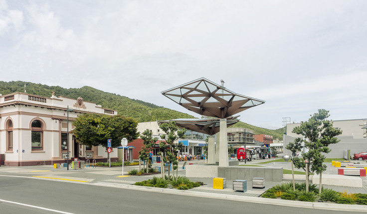 The sculptural Town Square shelters reference significant Ngāti Waewae sites within the wider Grey District. Image courtesy of Firth.