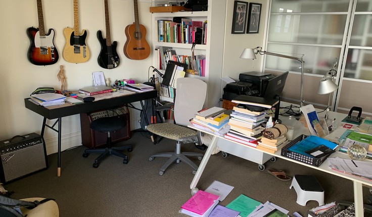 Music and landscape architecture go together in David Irwin’s home office in St Marys Bay