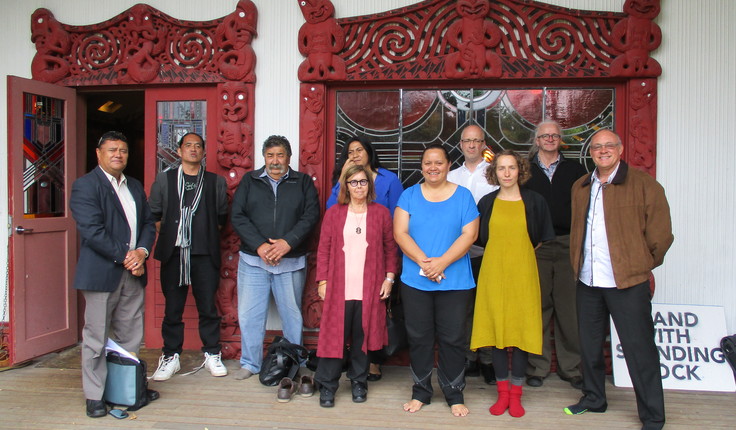 Hui 2016 at Tānenuiarangi Wharenui, Waipapa Marae, University of Auckland to identify potential scenarios for the video resources.
Left to right: Thomas De Thierry (Oruawhenua Kaipara, CEO of Te Hana Te Ao Marama, part of Ngāti Whātua), Dr. Vincent Malcolm-Buchanan, (Researcher), Tame Te Rangi, (Ngāpuhi and Ngāti Whātua Tūhoronuku Group Representative), Dr. Diane Menzies (NZILA), Asena Tolungamaka, Lena Henry and Professor Andrew Barrie, (UoA School of Architecture and Planning),  Dr. Biddy Livesey (Researcher), Neil Challenger (NZILA), Dr. Kepa Morgan (UoA Assoc. Professor Engineering).